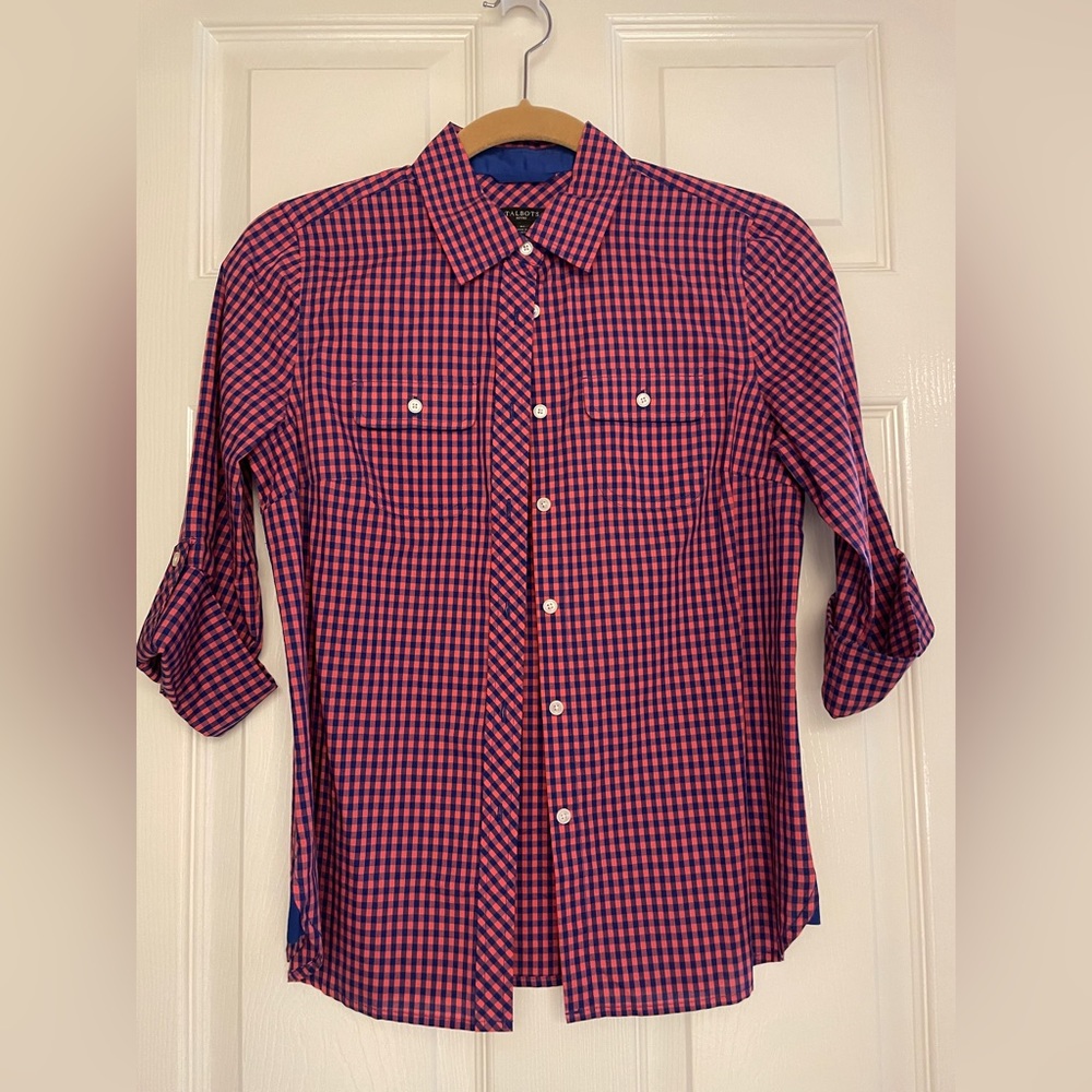 Talbots Orange & Blue Button Down Blouse Checked – Collared Shirt - Size 2P